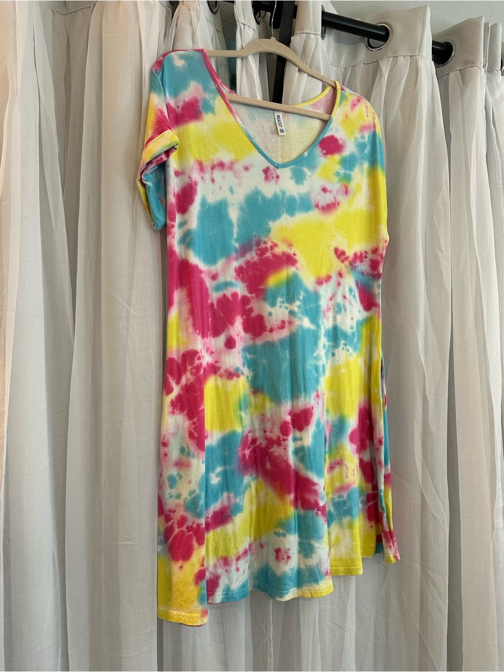Women's Tie-Dye V‑Neck Short Sleeve Tunic Top in Pink, Blue & Yellow